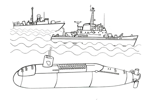 Submarine And Warships Coloring Page